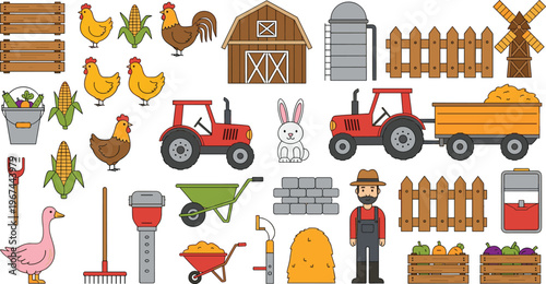 Farm Equipment and Rural Life Vector Set with Tractor, Barn, Chickens, Corn, Hay, Windmill, Farmer, and Agricultural Tools