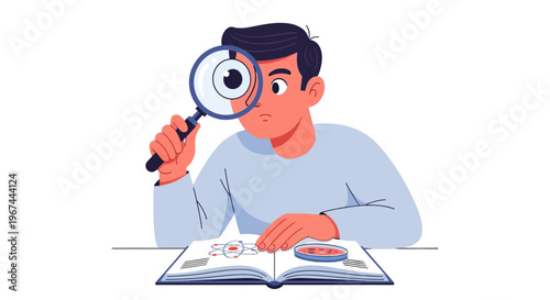 Man looking through magnifying glass.