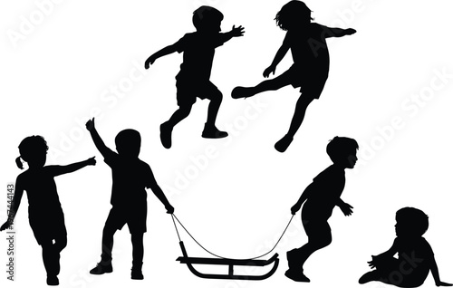 Silhouettes of children playing, jumping, and running showing active lifestyle, fun activities, and joyful childhood moments outdoors