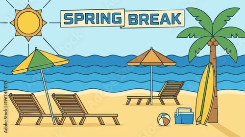 Spring Break Beach Day Illustration with Sun, Ocean, Palm Tree, and Leisure Items