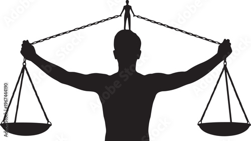 Silhouette of a man holding scales of justice with a tiny person on his head