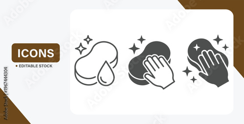 Cleaning sponge icon set with hand interaction and sparkle shine effects