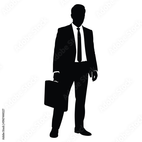 A sharply dressed businessman stands with a briefcase presented as a striking silhouette