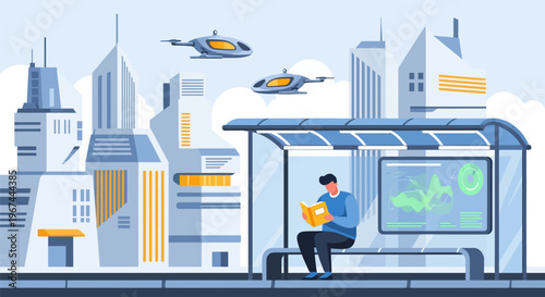 Man sitting at bus stop.