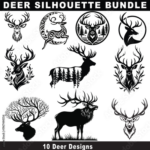 A premium collection of deer silhouette designs featuring majestic stags, antler illustrations, and nature-inspired compositions. This bundle includes detailed wildlife scenes, ornamental deer, forest