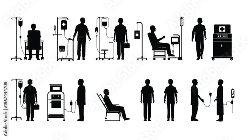 Hospital Patient Workflow Silhouette Vector Set with Medical Treatment Flow and Healthcare Process Diagram Elements