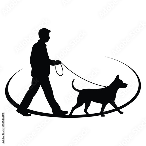 A man leisurely walks his canine companion along a curved path a striking silhouette