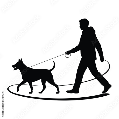 A man leisurely walks his canine companion along a curved path a striking silhouette