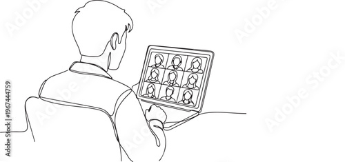 One Line Drawing of Man Having Virtual Meeting on Laptop, Online Video Conference and Remote Work Concept, Continuous Line Art Vector Illustration
