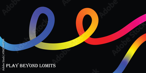 Abstract graphic design featuring a vibrant, flowing rainbow gradient line against a dark background, representing limitless imagination and dynamic potential
