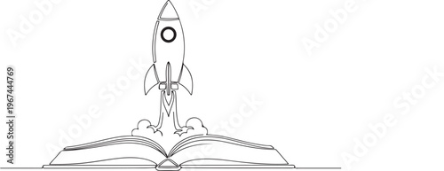 One Line Drawing of Rocket Launching from Open Book, Education and Knowledge Concept, Continuous Line Art Vector Illustration