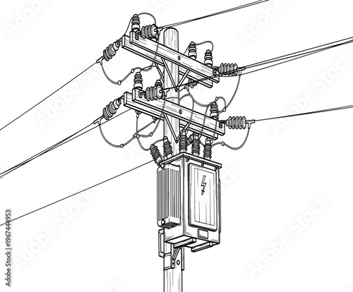 Black and white of electric transformer on pole with wires and insulators