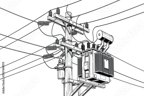 Black and white of electric transformer on utility pole with wires and insulators black and white electrical equipment