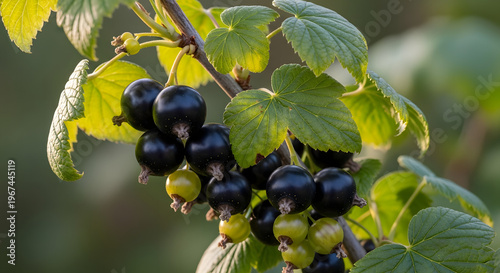 Ripe blackcurrants ripening on branch with leaves in garden. AI generated.