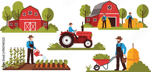 Farm Life Vector Set with Red Barn, Tractor, Farmers, Vegetable Garden, Hay Bales, and Rural Agriculture Scenes