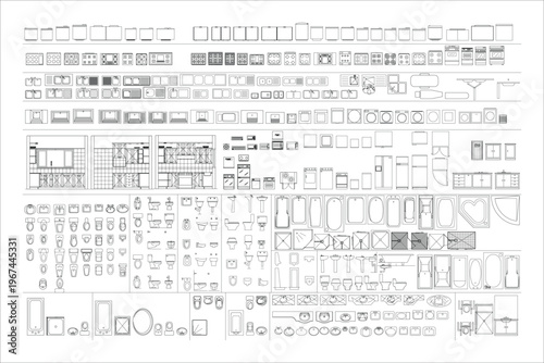 Architectural household utility and furniture object set in clean CAD line art style, technical vector illustration of home interior elements including sanitary fixtures and appliances, isolated on wh