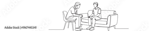 One Line Drawing of Therapist Counseling Patient on Sofa, Mental Health Therapy and Psychology Consultation Concept, Continuous Line Art Vector Illustration
