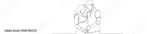 One Line Drawing of Happy Couple Embracing Pregnant Woman's Baby Bump, Maternity and Parenthood Concept, Continuous Line Art Vector Illustration
