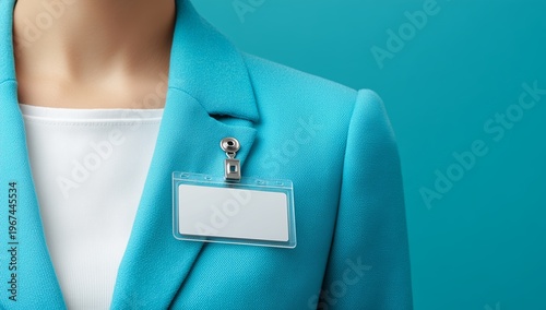An office worker with an empty name tag. Close-up of a man in a turquoise blazer and white tank top, with an empty plastic ID holder attached to the lapel of his jacket. copy space