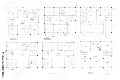 Community center ground floor and service plans including reinforcement, A.C, camera, and plumbing layouts, illustrated in clean architectural CAD line art and isolated on a white background as an EPS