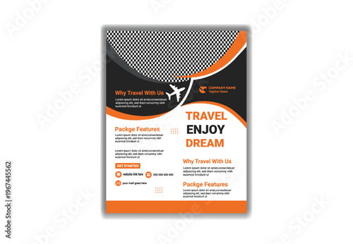A travel advertisement with a black and orange background