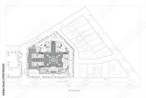 Community center site plan with building layout and exterior boundary details, illustrated in clean architectural CAD line art and isolated on a white background as a precise EPS 10 vector.