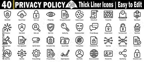 Privacy policy thick liner icons. Easy editing, covering data shield, secure cloud, user lock, and privacy eye vector illustration.