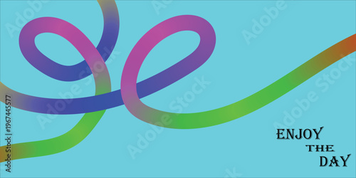 Colorful abstract design featuring a smooth gradient ribbon gracefully flowing and intertwining on a tranquil blue background, creating a modern and dynamic visual
