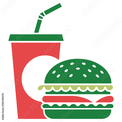 A whimsical burger emerging from a red drinking straw wrapper with a green straw on top