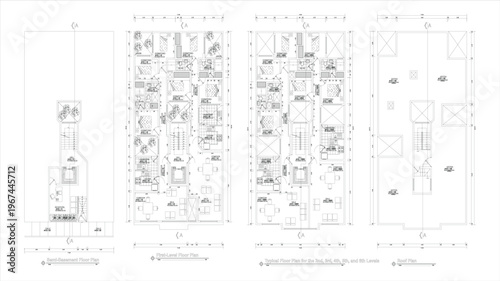 Multi-floor architectural plans including semi-basement, 1st to 6th floors and roof, clean CAD line art vector illustration isolated on white background, EPS 10.