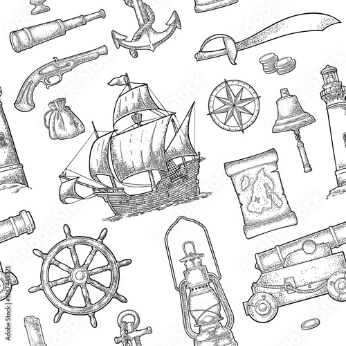 Seamless pattern with caravel, anchor, wheel, compass rose, spyglass, bell, lifebuoy, lighthouse, wheel. Vintage black vector engraving illustration for poster, label, postmark Isolated on white