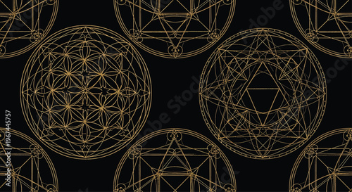 Sacred geometry symbols and interconnected geometric shapes are arranged in a repeating pattern on a dark background.