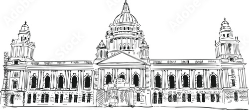 Majestic Belfast City Hall - Hand-Drawn Architectural Sketch in Edwardian Baroque Style