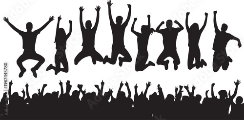 Silhouettes of jumping people above a cheering crowd