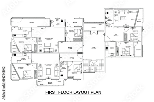 Ground floor layout plans from 1st to 4th floors, clean black and white CAD line art vector illustration isolated on white background, EPS 10.