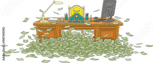 Desk of an official and politician in a pile of money, vector cartoon illustration on a white background