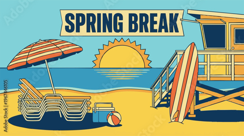 Spring Break beach scene illustration with lifeguard tower and sunset