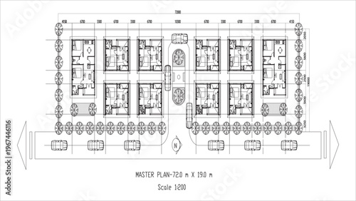 Black and white architectural master plan of a residential site with overall plot dimensions (72m × 19m), illustrated as a clean vector blueprint isolated on a white background in EPS 10 format.