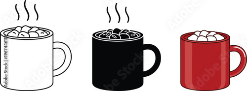 Hot cocoa mug with marshmallows set, steaming chocolate drink in red cup, line art, black silhouette, and flat vector illustration.