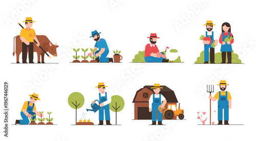 Farmer Activity Vector Set with Planting, Watering, Livestock Care, Harvesting, Poultry Feeding, and Rural Agriculture Scenes