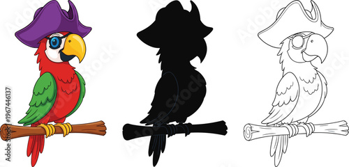 Set of pirate parrot characters wearing hats and eye patches in color silhouette and line art for children coloring book designs