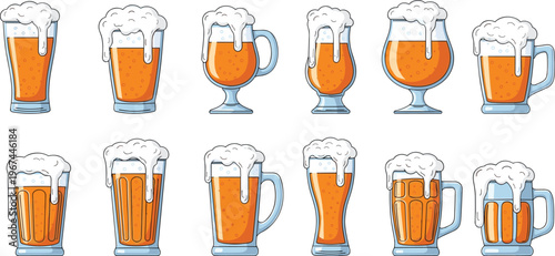 Set of different beer glasses and mugs with frothy foam and bubbles isolated on white background for pub and brewery menu
