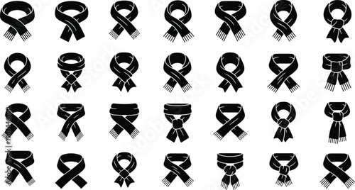 Scarf icon set with various winter neckwear styles, black vector silhouettes, fashion accessories for cold weather, isolated autumn clothing elements.