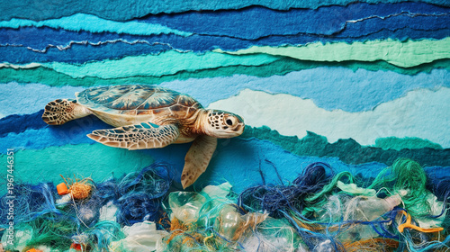 Sea turtle swimming among plastic waste and ocean debris 