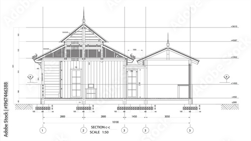 Black and white architectural C–C section of a residential building arranged within a 72m × 19m plot, illustrated as a clean CAD-style vector drawing isolated on a white background in EPS 10 format