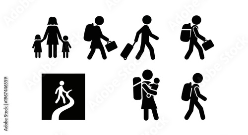 Black silhouette icons of people walking.