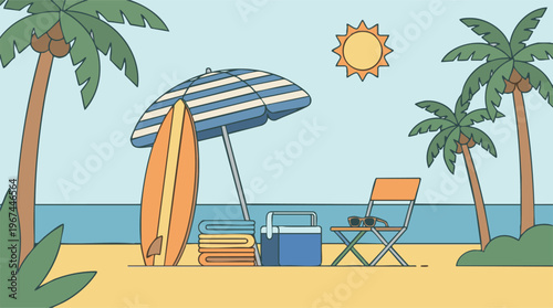 Flat design illustration of a summer beach scene with tropical essentials