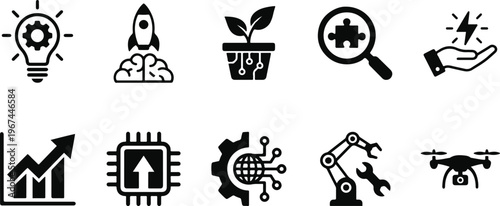 A collection of black and white technology and innovation icons