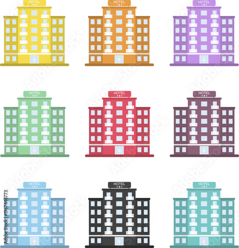Hotel building vector set, colorful flat icons collection of modern urban travel and accommodation architecture.