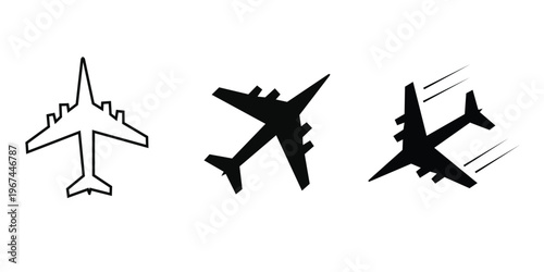 Airplane icon set in outline and solid styles. Aircraft vector symbols